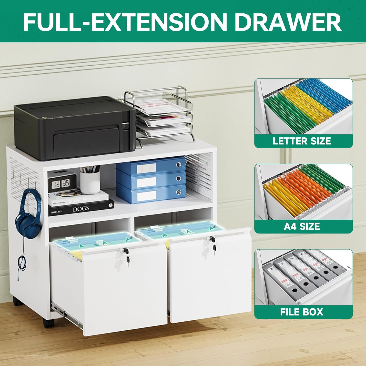 Mobile 3 Drawer File Cabinet with Lock-Metal Lateral Rolling Printer Stand Filing Cabinets for Home Office-Storage A4/F4/Letter (Black)