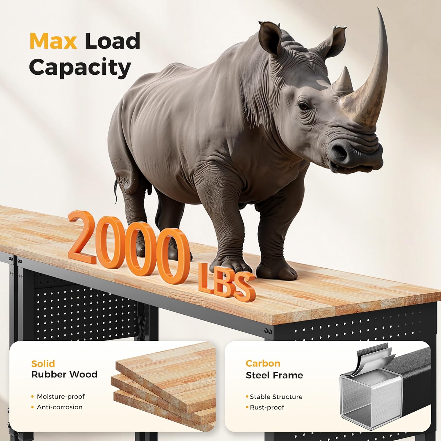 96" Adjustable Heavy Duty Workbench, 2000 lbs Load Rubberwood Work Table with Pegboard & Power Outlets for Garage, Workshop & Commercial Use