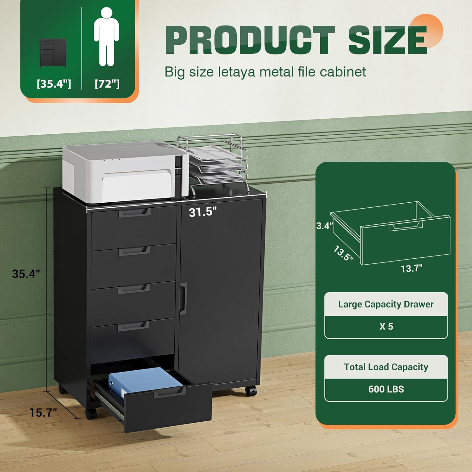 5 Drawer Storage Cabinet, Mobile Printer Stand for Home Office,Dresser Chest with Shelves and Door(Black)