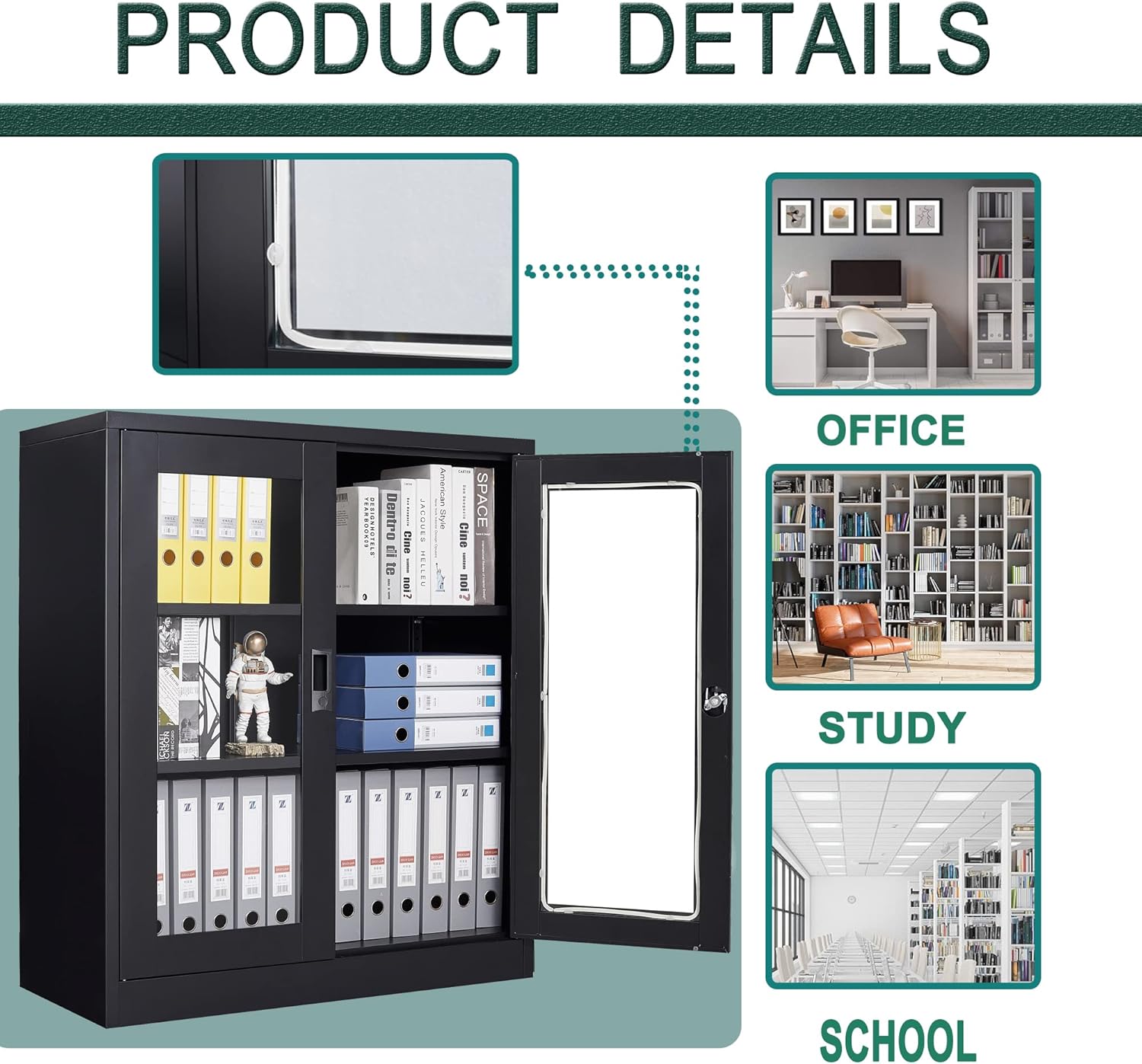 Storage Cabinet with Doors and Shelves,71" Steel Locker Acrylic Glass Door with Lock, for School Home Office