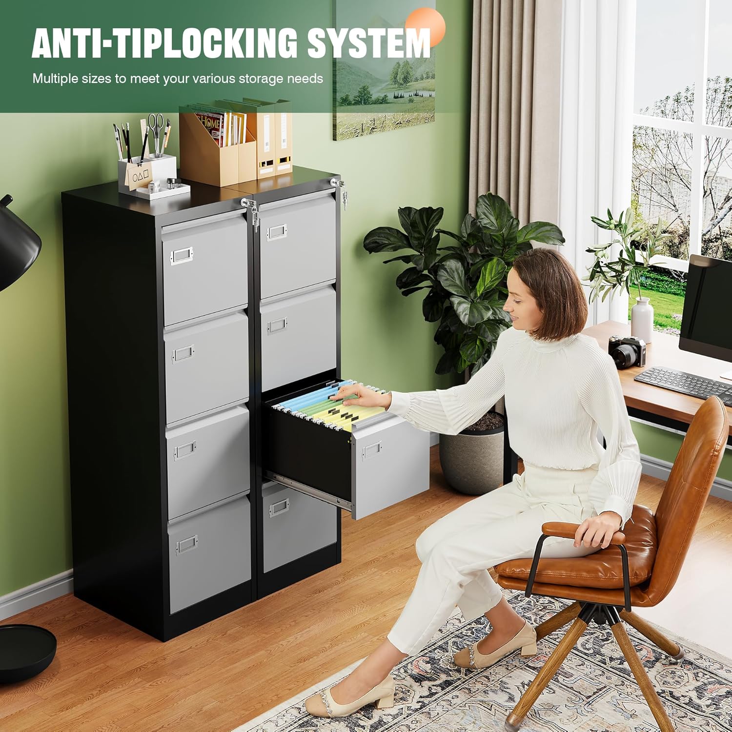 2 Drawer File Cabinet with Lock,Metal Office Small Filing Cabinets for Home Office,Storage Letter,Black-Easy Assemble