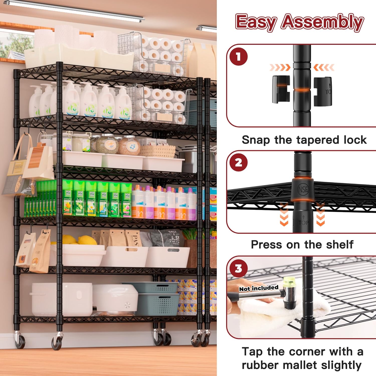 6-Tier Heavy Duty Wire Shelving with Wheels, Adjustable NSF-Certified Steel Storage Rack for Kitchen, Garage & Laundry, 36"W x 16"D x 79"H