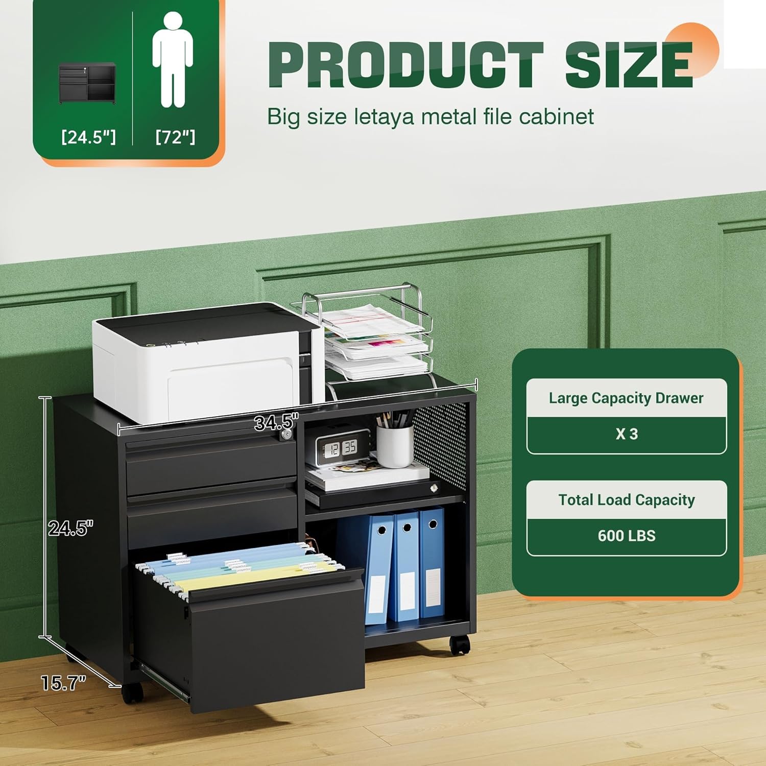 Mobile 3 Drawer File Cabinet with Lock-Metal Lateral Rolling Printer Stand Filing Cabinets for Home Office-Storage A4/F4/Letter (Black)