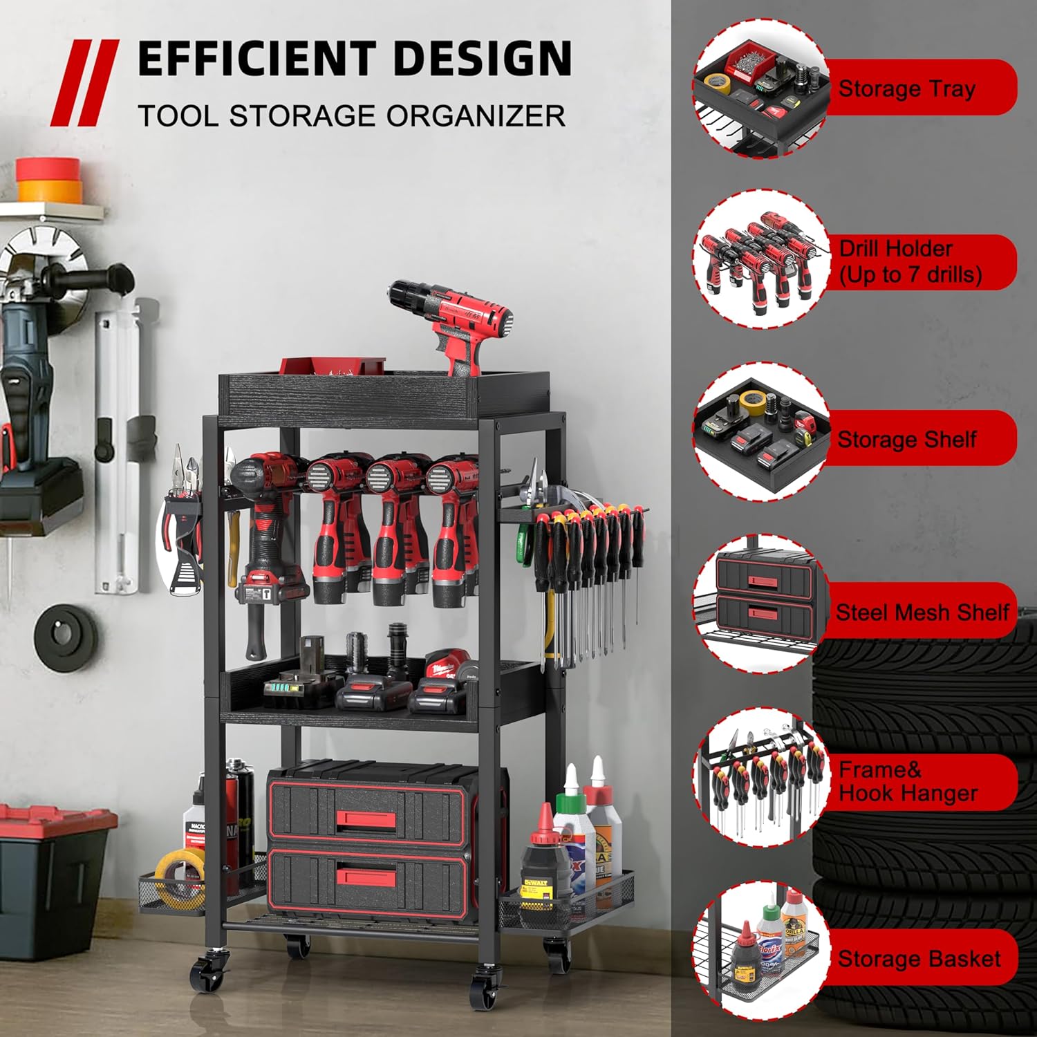 Power Tool Organizer Garage Storage Organization Shelving Tool Holder Drill Rack Shelf Rolling Cart Open Tool Chest Cabinet Box Organizer with Wheels Workshop Garage Gift Ideas for Men Dad