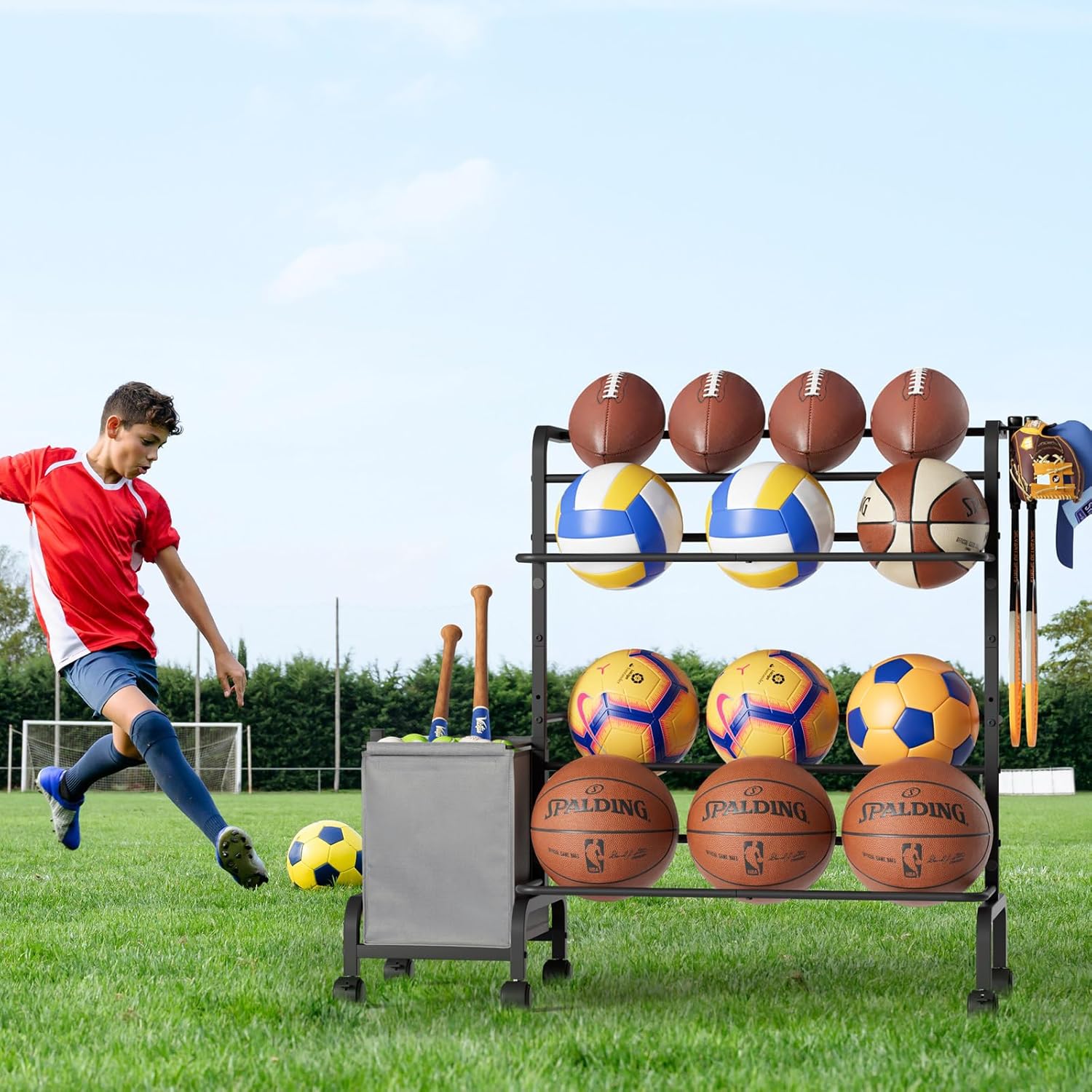 Ball Storage Rack, Adjustable Basketball Holder Display Stand with Ball Basket Bin Hooks, Outdoor Ball Cart with wheels for Soccer Football Tennis Baseball, Sport Equipment Organizer for Garage Gym