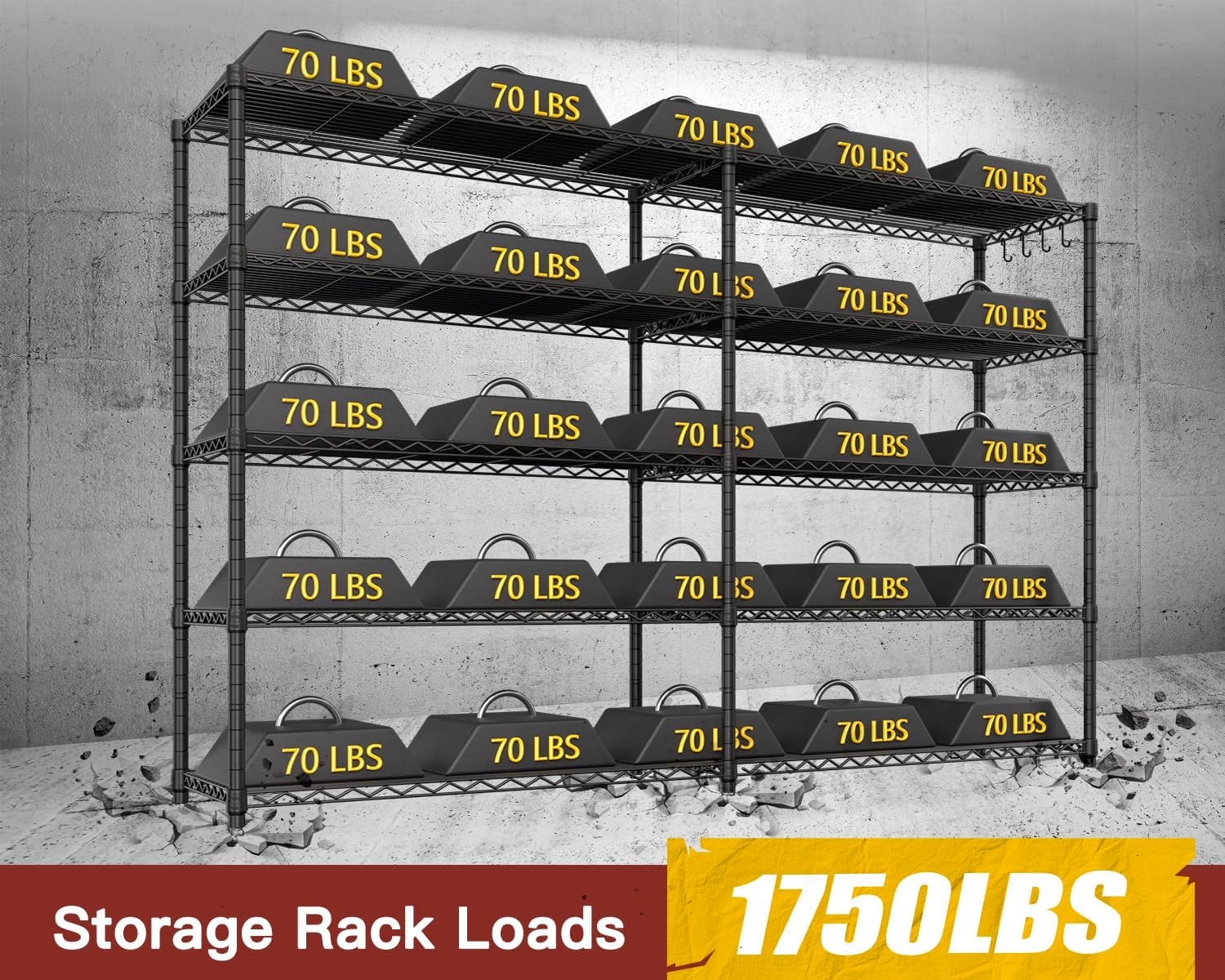 5-Tier Heavy Duty Steel Wire Shelving Unit, Adjustable Garage Storage Rack for Warehouse, Kitchen & Pantry, 72"W x 16"D x 76"H, Black