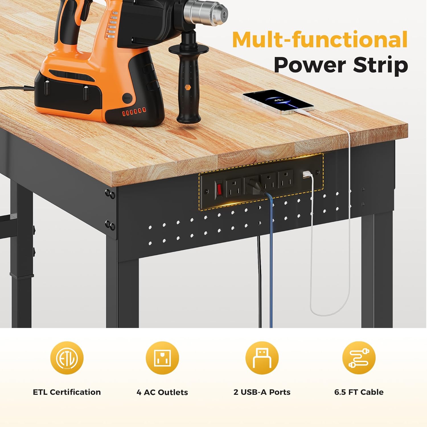 60" Adjustable Heavy Duty Workbench, 2000 lbs Load Rubberwood Work Table with Pegboard & Power Outlets for Garage, Workshop & Office
