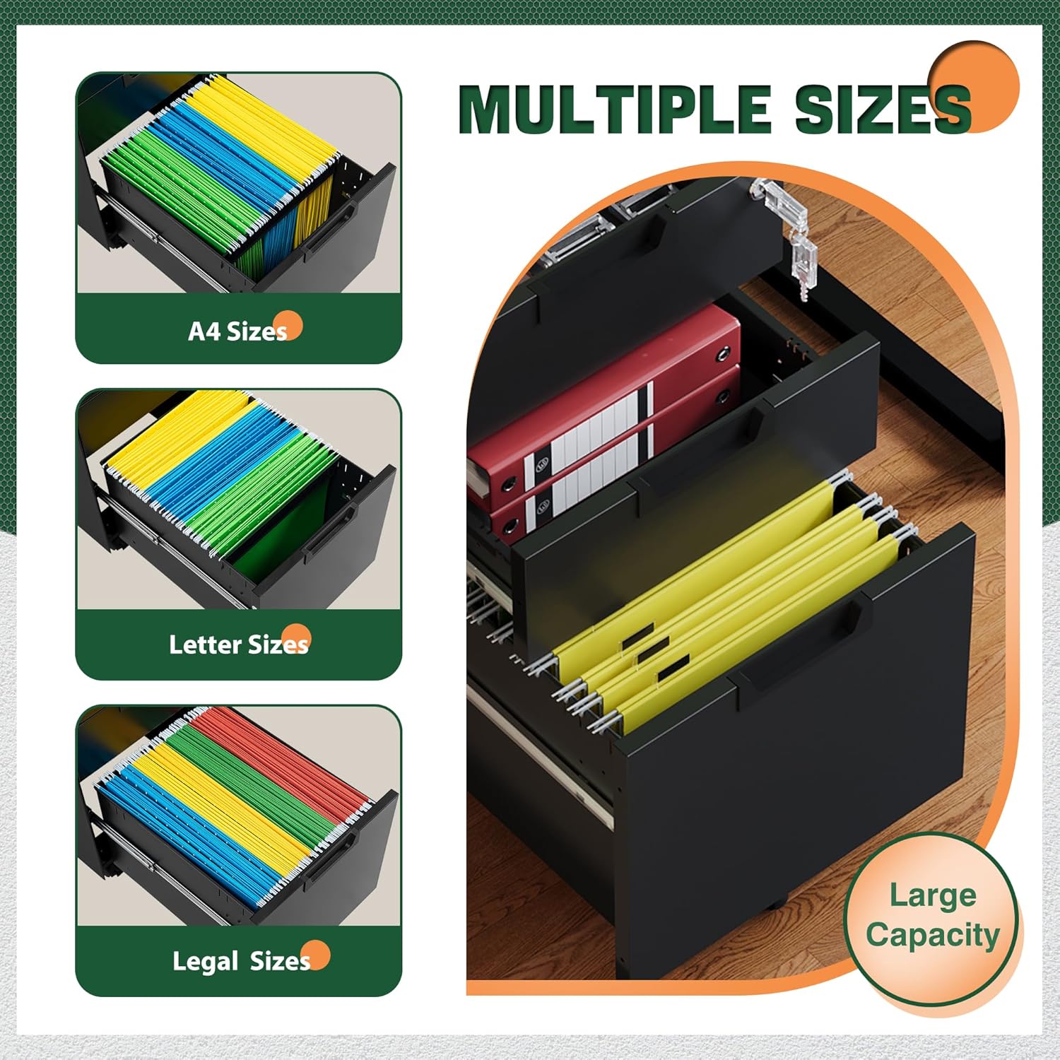 3 Drawer Mobile File Cabinet with Lock,Under Desk Metal Filing Cabinets for Home Office Organizer Letters/Legal/A4((Fully Assembled-Black)