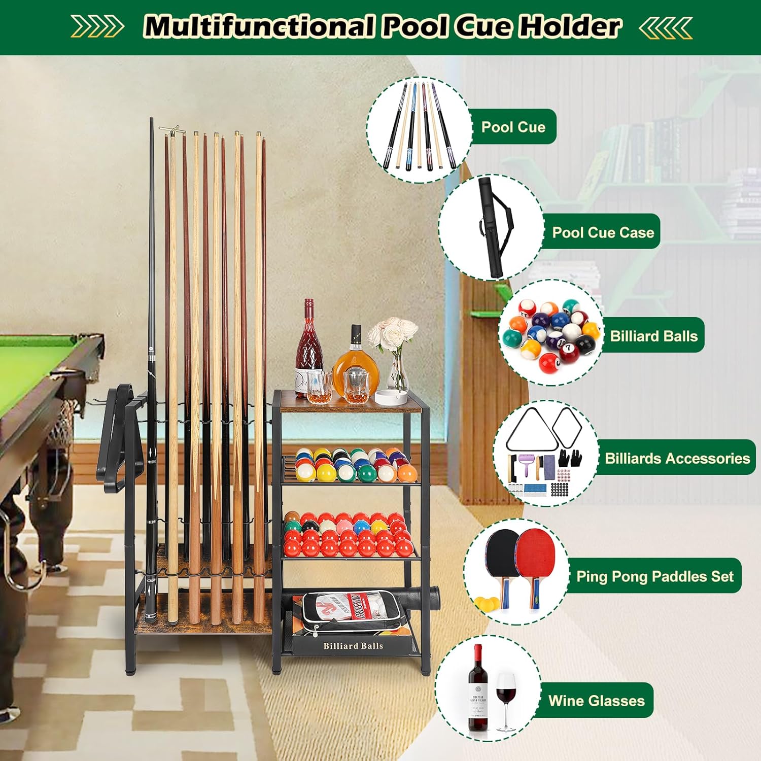 Pool Stick Holder Floor Stand up to 12 Cue Sticks, Pool Cue Holder with Balls Storage, Pool Table Accessories Stand Large Pool Cue Rack Equipment Organizer Cue Stick Holder for Billiard Game Room