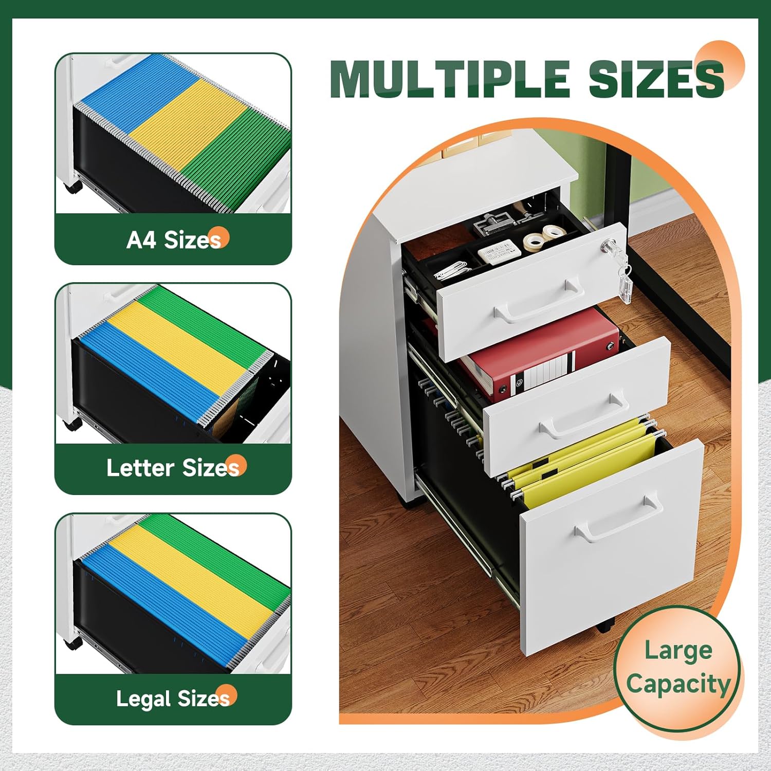 3 Drawer Mobile File Cabinet with Lock,Under Desk Metal Filing Cabinets for Home Office Organizer,Small Rolling Printer Stand with Wheels,for Letters/Legal/A4(Assembly Required) (White)