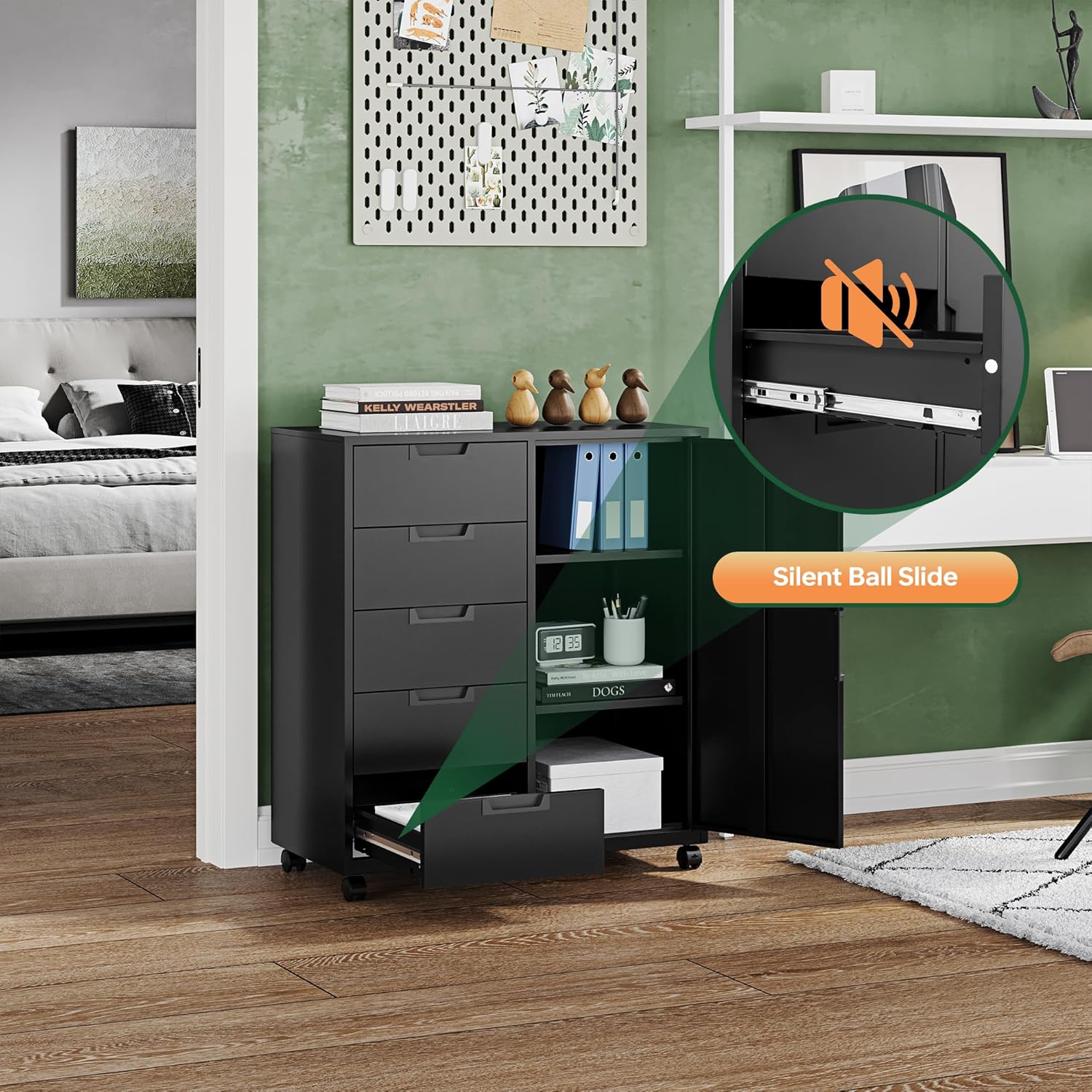 5 Drawer Storage Cabinet, Mobile Printer Stand for Home Office,Dresser Chest with Shelves and Door(Black)