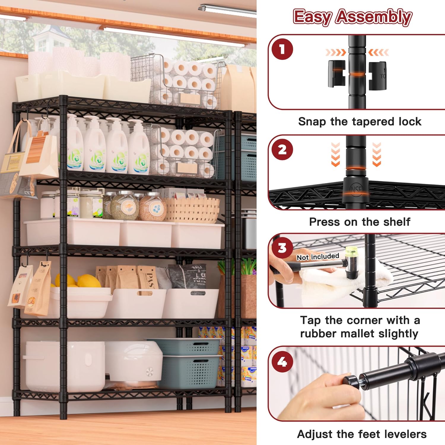 5-Tier Heavy Duty Wire Shelving Unit, Adjustable NSF-Certified Steel Storage Rack for Garage, Kitchen & Pantry, 35.5"W x 14"D x 72"H, Black