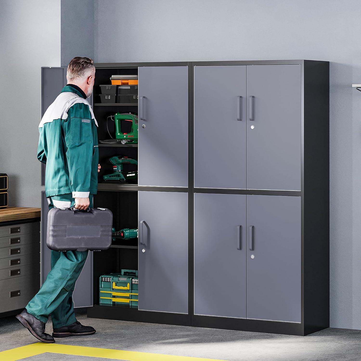 Metal Storage Cabinets with Lock, Small Locker Steel Cabinets, Adjustable Shelves 2 Doors for Home,Office, Warehouse,Garage(Black-36)