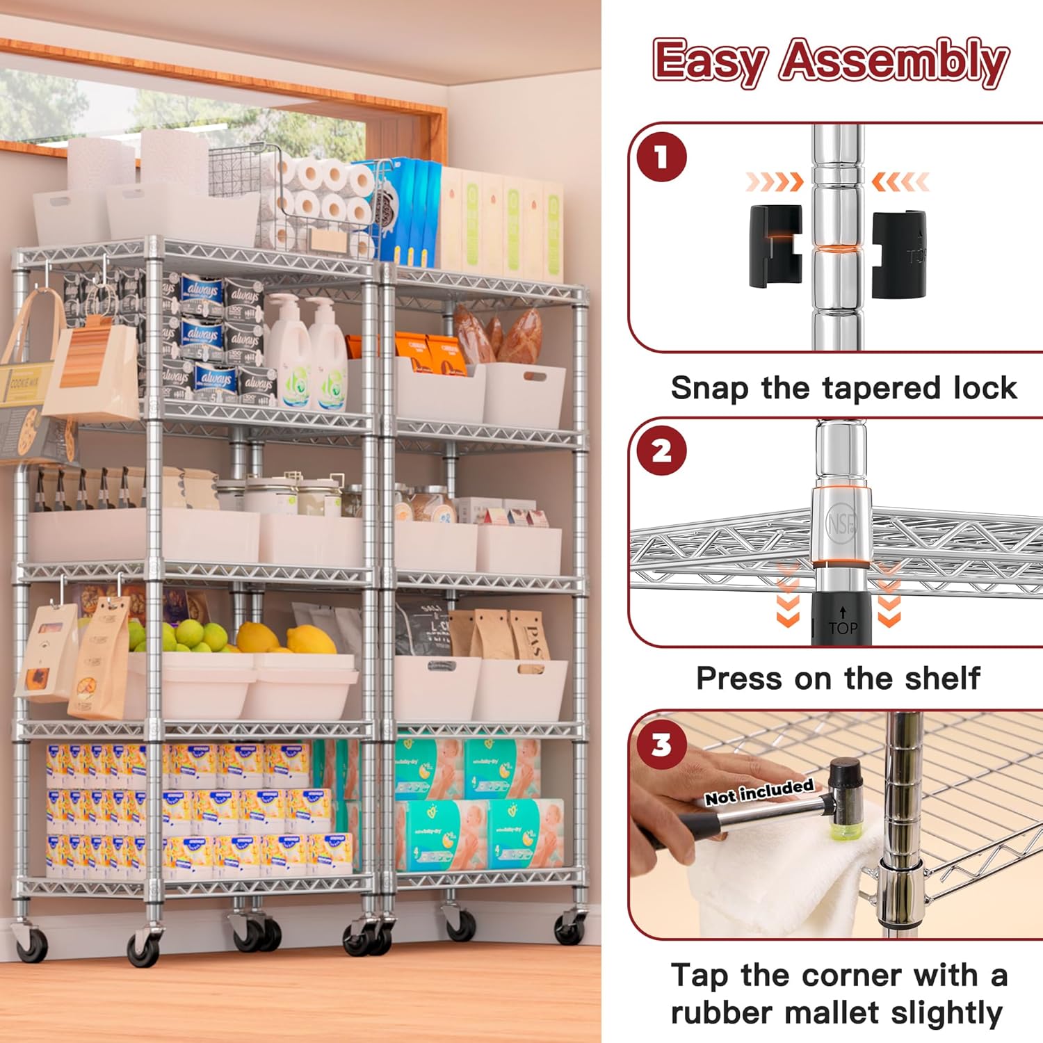 5-Tier Heavy Duty Wire Shelving with Wheels, Adjustable NSF-Certified Rolling Storage Rack for Kitchen, Garage & Laundry, 36"W x 14"D x 74"H