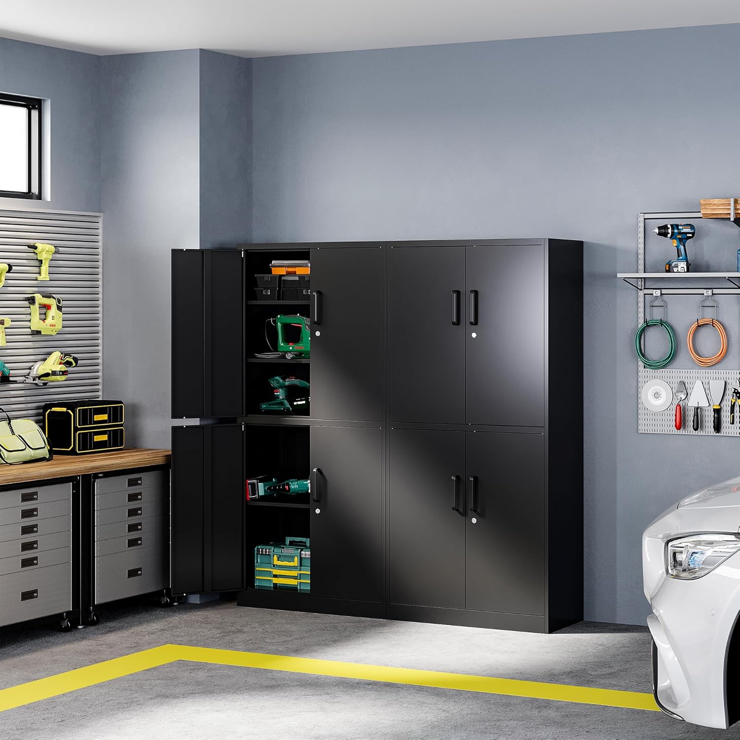 Metal Storage Cabinets with Lock, Small Locker Steel Cabinets, Adjustable Shelves 2 Doors for Home,Office, Warehouse,Garage(Black-36)