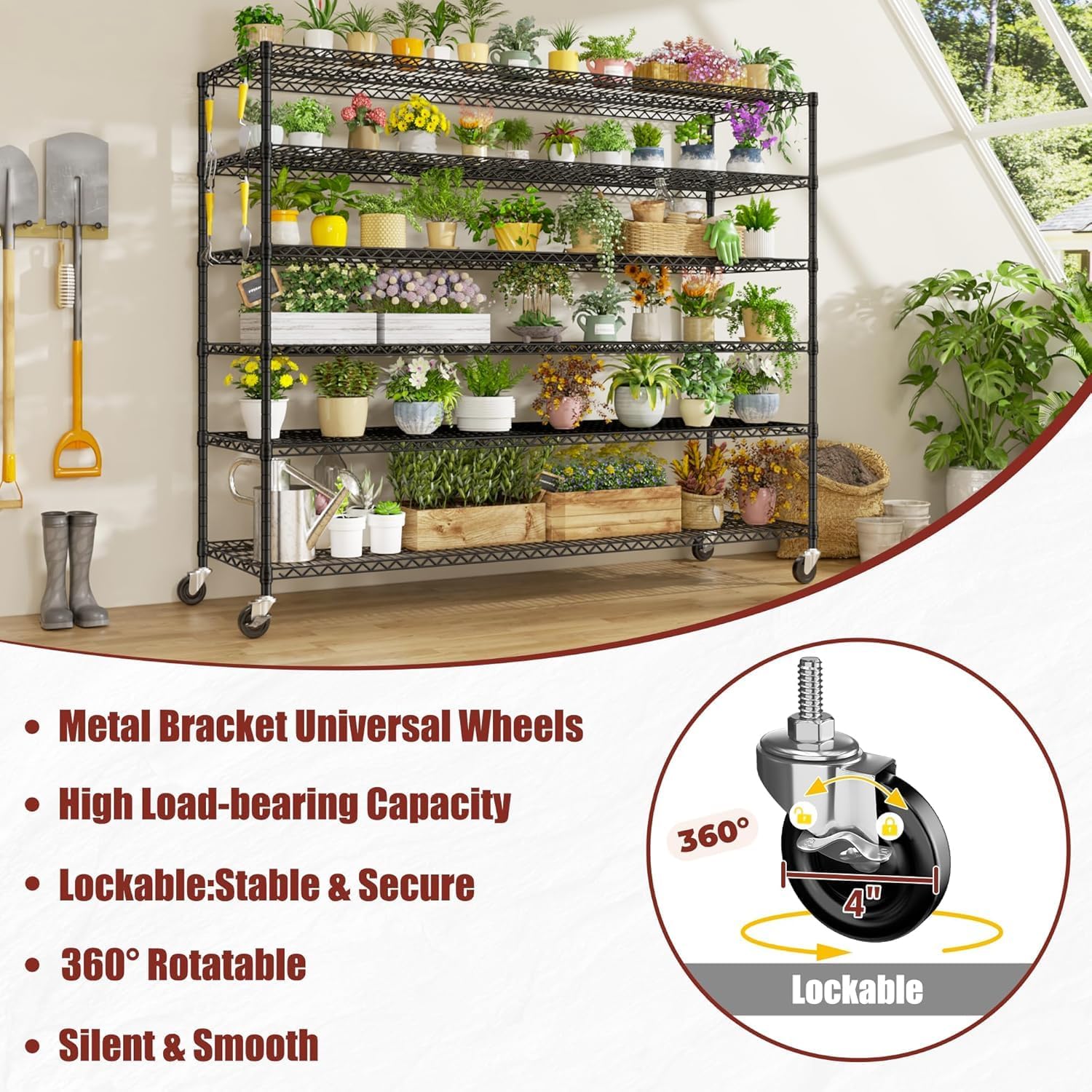 6-Tier Heavy Duty Wire Shelving with Wheels, Adjustable NSF-Certified Steel Storage Rack for Kitchen, Garage & Laundry, 36"W x 16"D x 79"H