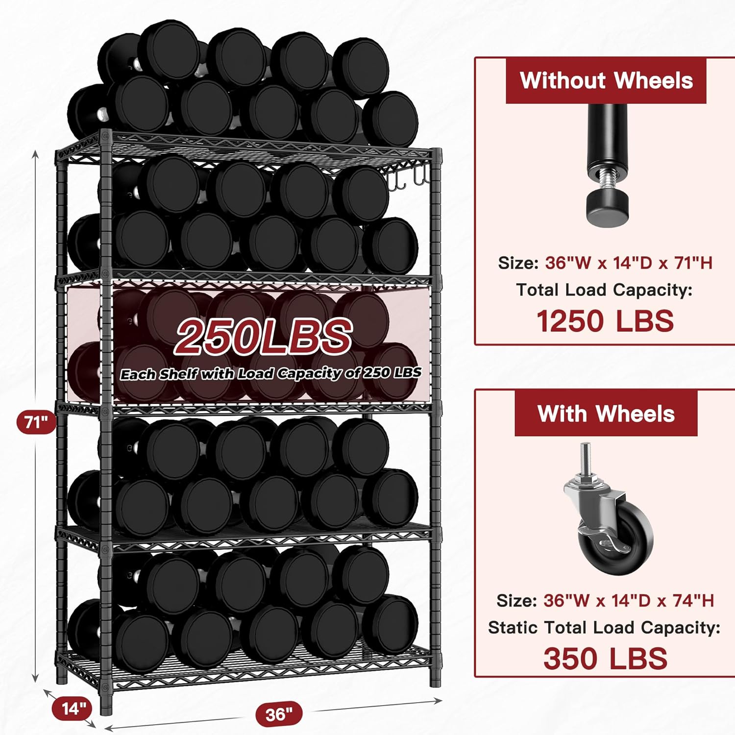 5-Tier Heavy Duty Wire Shelving with Wheels, Adjustable NSF-Certified Rolling Storage Rack for Kitchen, Garage & Laundry, 36"W x 14"D x 74"H