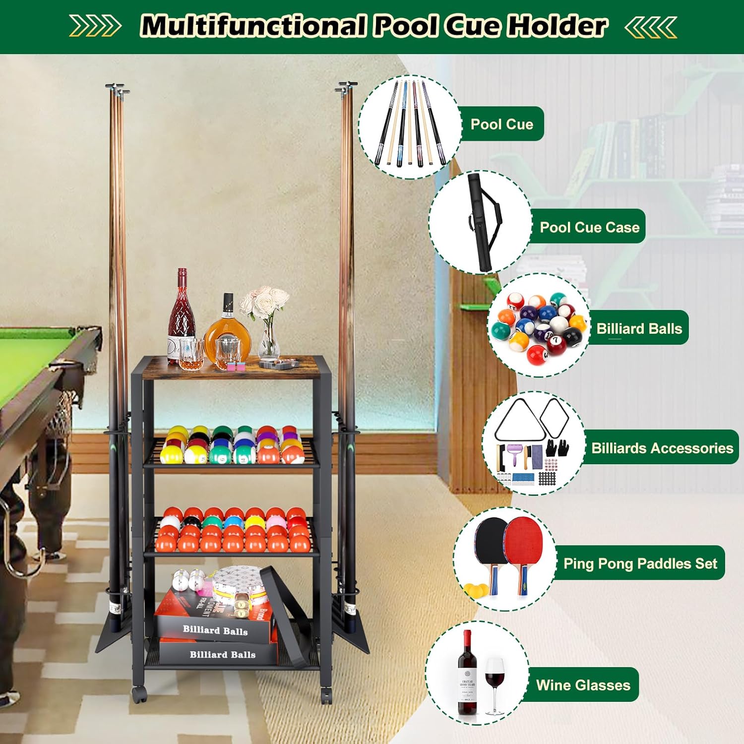 Pool Stick Holder Floor Stand up to 12 Cue Sticks, Pool Cue Holder with Balls Storage, Pool Table Accessories Stand Large Pool Cue Rack Equipment Organizer Cue Stick Holder for Billiard Game Room