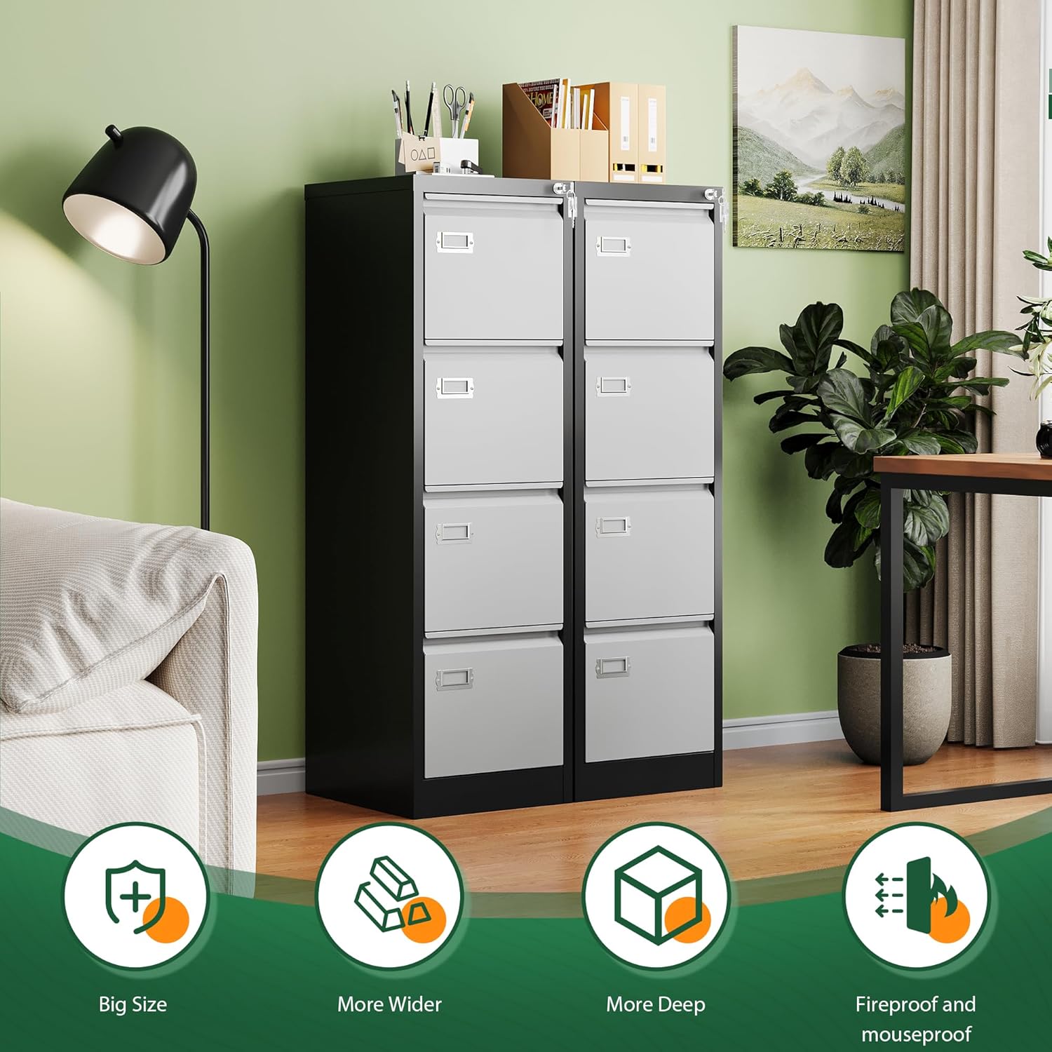 2 Drawer File Cabinet with Lock,Metal Office Small Filing Cabinets for Home Office,Storage Letter,Black-Easy Assemble