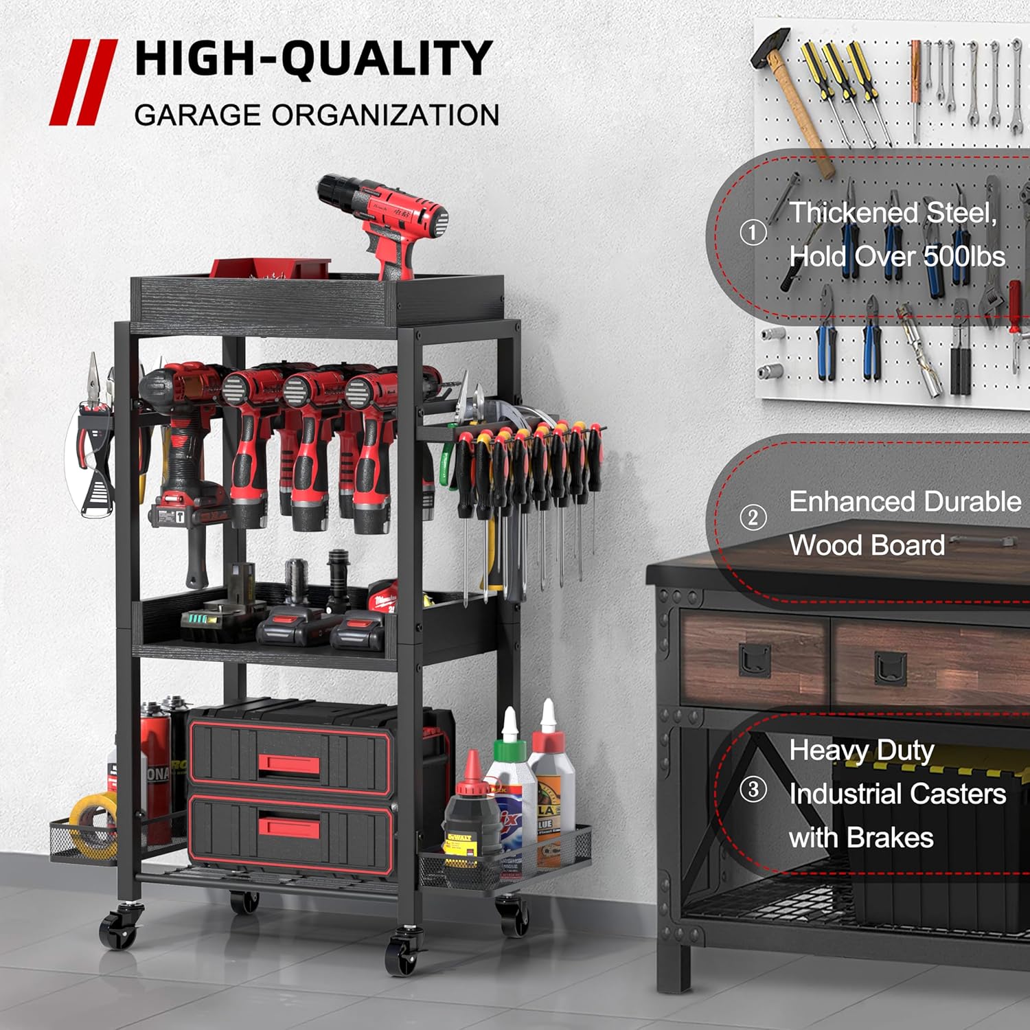 Power Tool Organizer Garage Storage Organization Shelving Tool Holder Drill Rack Shelf Rolling Cart Open Tool Chest Cabinet Box Organizer with Wheels Workshop Garage Gift Ideas for Men Dad