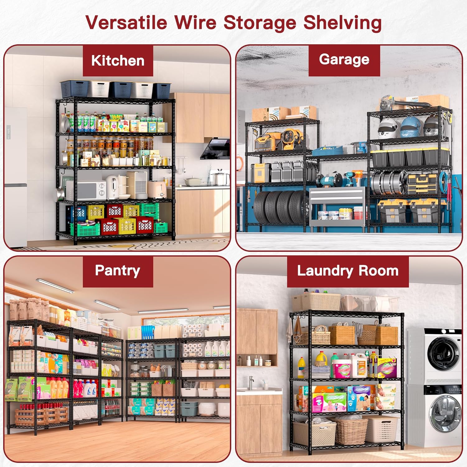 5-Tier Heavy Duty Wire Shelving Unit, Adjustable NSF-Certified Steel Storage Rack for Garage, Kitchen & Pantry, 35.5"W x 14"D x 72"H, Black