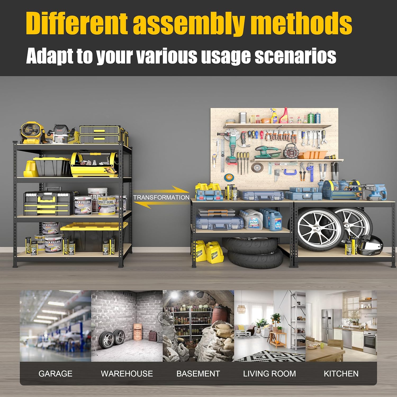 5-Tier Heavy Duty Metal Storage Shelving Unit, Adjustable Garage Utility Rack for Warehouse, Pantry & Closet, 47"W x 23.6"D x 71"H, Black