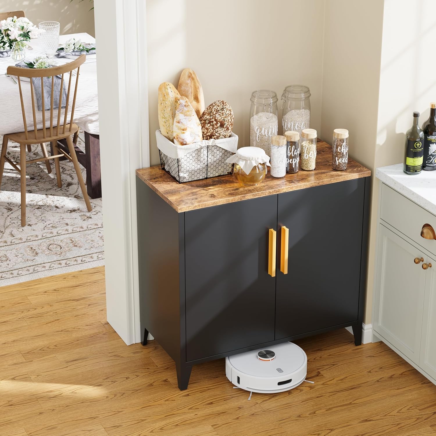 Metal Storage Cabinet with 2 Doors and Shelves 16" Dx 32" Wx30 H,Small Buffet Sideboard Short Cabinet for Kitchen Dining,Office Credenza Locker Modern Coffee Bar,Entryway Bathroom(Black)