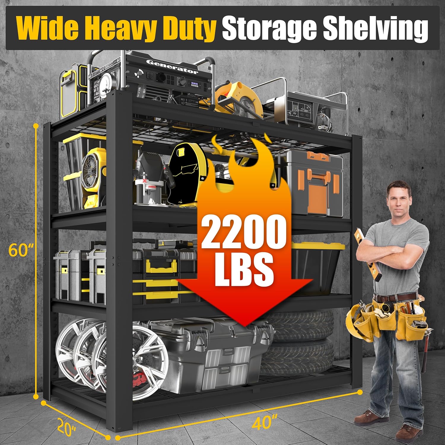 4-Tier Heavy Duty Wire Shelving Unit, Adjustable Garage Storage Rack for Warehouse, Basement & Pantry, 40"W x 20"D x 60"H, Black