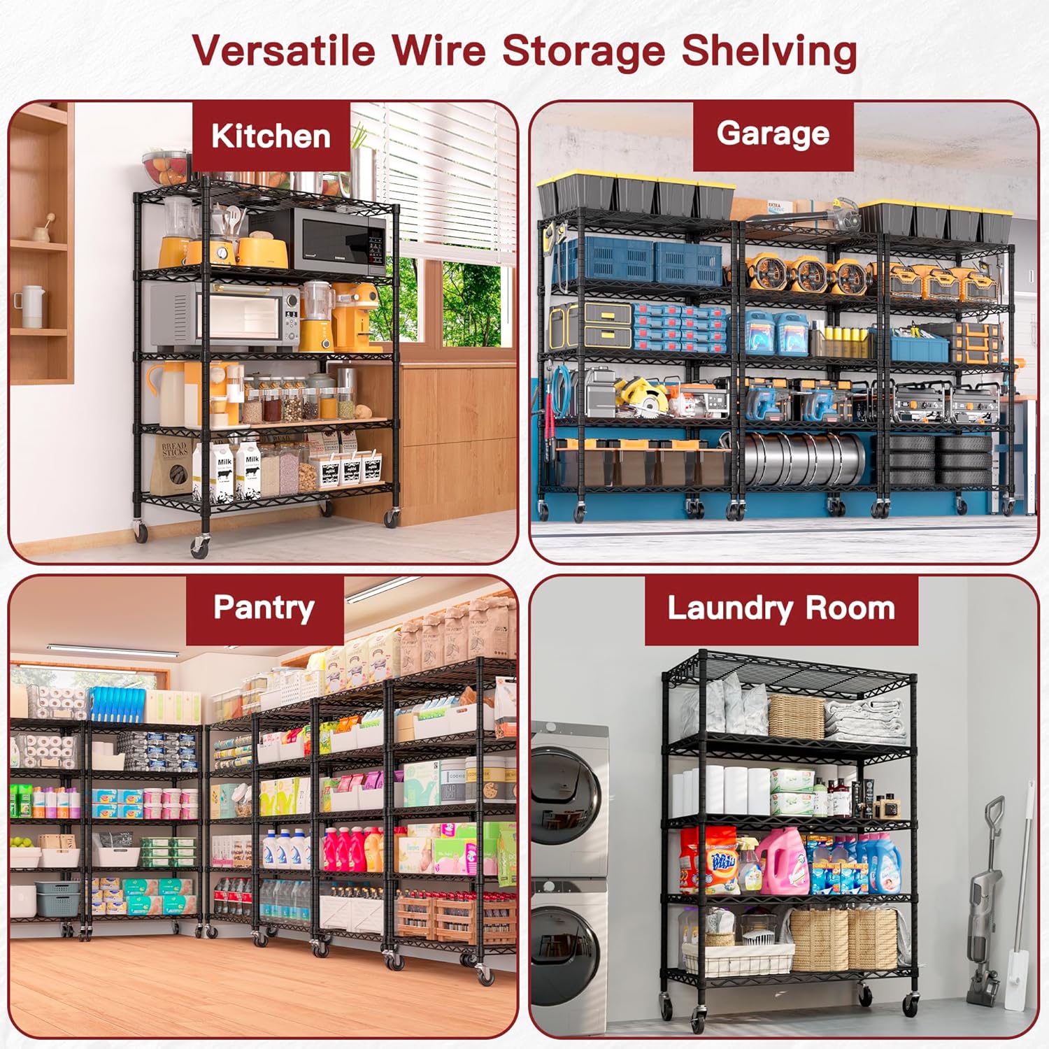 4-Tier Heavy Duty Wire Shelving with Wheels, Adjustable NSF-Certified Rolling Storage Rack for Garage & Pantry, 60"W x 24"D x 76"H